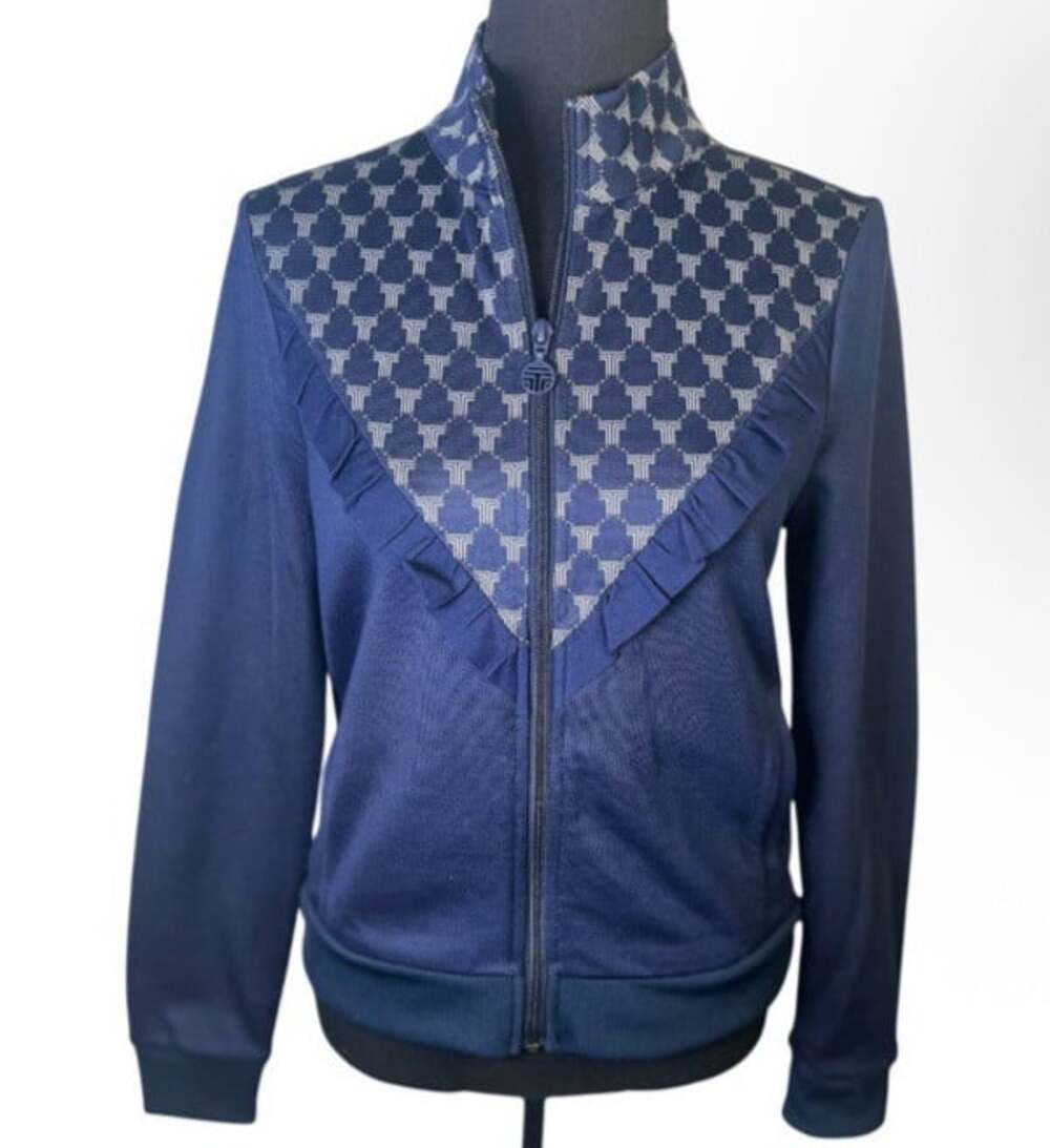 Tory Sport by Tory Burch Navy Track Jacket Stretch Sz S Ruffle Zip High Neck